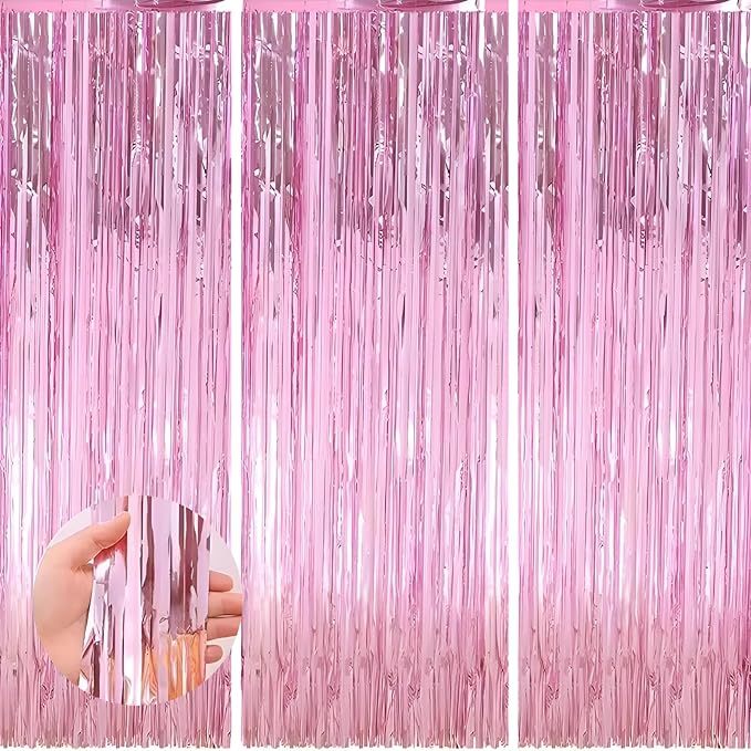 Valentines Day 3 Pack 3.3 * 8.3 ft Foil Curtain Metallic Tinsel Fringe Curtains Photo Booth Props Backdrop for Birthday Wedding Engagement Baby Shower Christmas Holiday Celebration Partyl,Pink