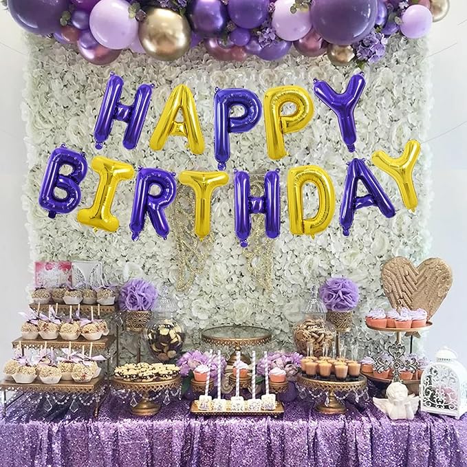 TONIFUL Happy Birthday Balloons with Ribbon Straw, 16 Inch Mylar Letters Birthday Sign Banner Bunting Reusable for Girls Boys Kids & Adults Party Decorations Supplies（Purple Gold）