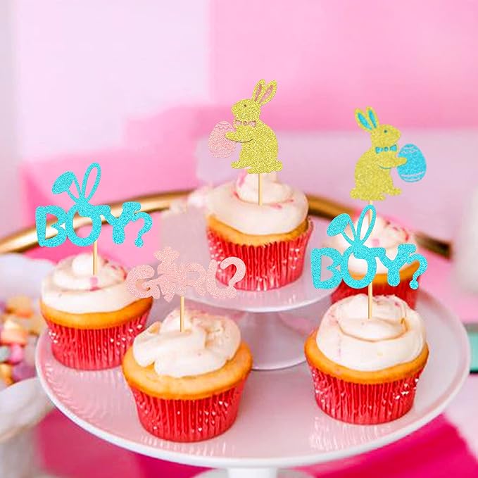 Ercadio 24Pcs Easter Day Rabbit Boy or Girl Cupcake Toppers Glitter Pink Blue Bunny Boy or Girl Cupcake Picks for Easter Gender Reveal Cupcake Toppers Easter Theme Birthday Baby Shower Party Supplies