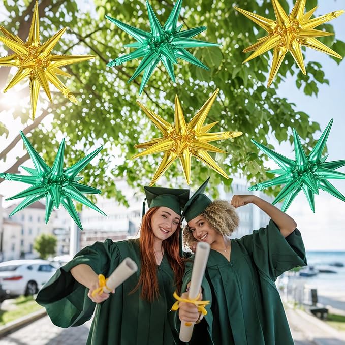 6PCS Green Gold Star Balloons, 22Inch Large Star Shaped Balloon Foil Spike Balloon Cone Balloons for Graduation Birthday St. Patrick's Day Baby Shower Jungle Party Decorations