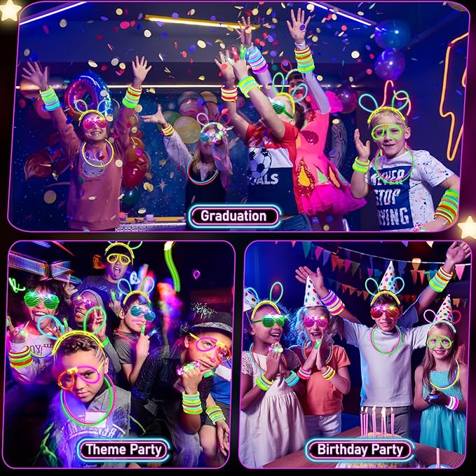 Glow in the Dark Supplies for Kids Adults, Light Up Party Favors, 56 LED Light Up Toys, 100 Glow Sticks Bulk Party Pack DIY Glasses Headbands Necklaces for Neon Party Supplies & Decorations