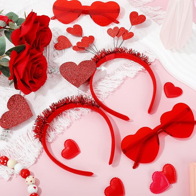 Whaline Valentine Party Accessories 6Pcs Glitter Red Heart Bopper Headbands and 6 Pairs Heart Shape Eyeglasses Love Arrow Sparkling Hairband Transparent Eyewear for Wedding Party Favor Supplies