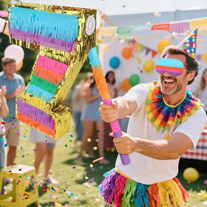 Rainbow Number 7 Pinata Birthday Decorations for Kids, Rainbow Pinata with Bat Stick Blindfold for Boys Girls 7th Birthday Celebrations Baby Shower Party Supplies (16.1x10.6x2.9 Inches)