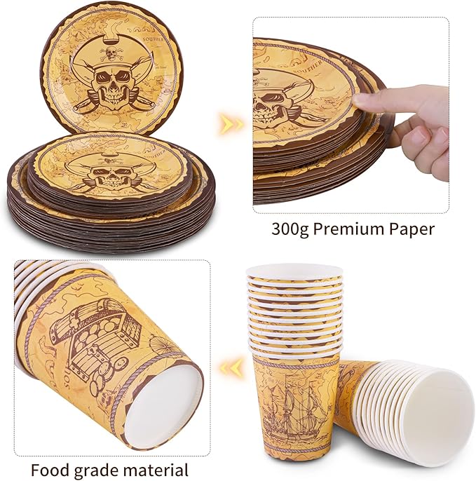 durony 144 Pieces Pirate Tableware Set Party Plates Cups Napkins Pirate Party Supplies Treasure Map Theme Favors for Treasure Theme Birthday Parties Decorations, Serve 24 Guests