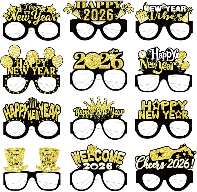 12PCS New Year Glasses, Funny New Years Eve Party Paper Glasses Photo Booth Props 2026 Eyeglasses Frames for NYE Party Supplies Decorations 2026