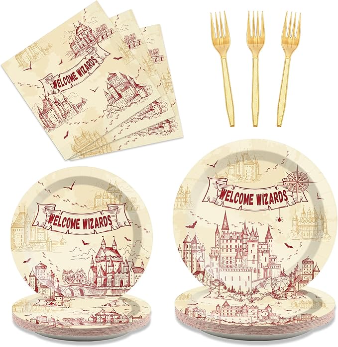 chiazllta 96 Pcs Wizard Party Paper Plate and Napkins Magical Wizard Tableware Wizard Theme Party Plates Vintage Castle Birthday Plates and Welcome Wizard Napkins Plates for Party Favors 24 Guests