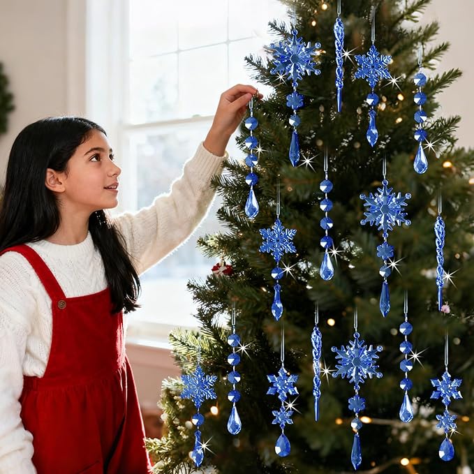 18pcs Crystal Christmas Ornaments for Christmas Tree Decorations-Royal Blue Hanging Acrylic Snowflake and Icicle Ornaments with Drop Pendants for New Year Party Decorations Supplies