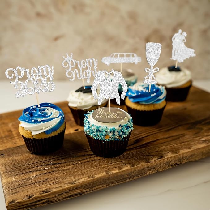 Gyufise 24Pcs Prom Cupcake Topper Prom Decorations for Party 2026 Grad Cupcake Topper 2026 Grad Decor Class of 2026 College Decorations Party Decorations Silver