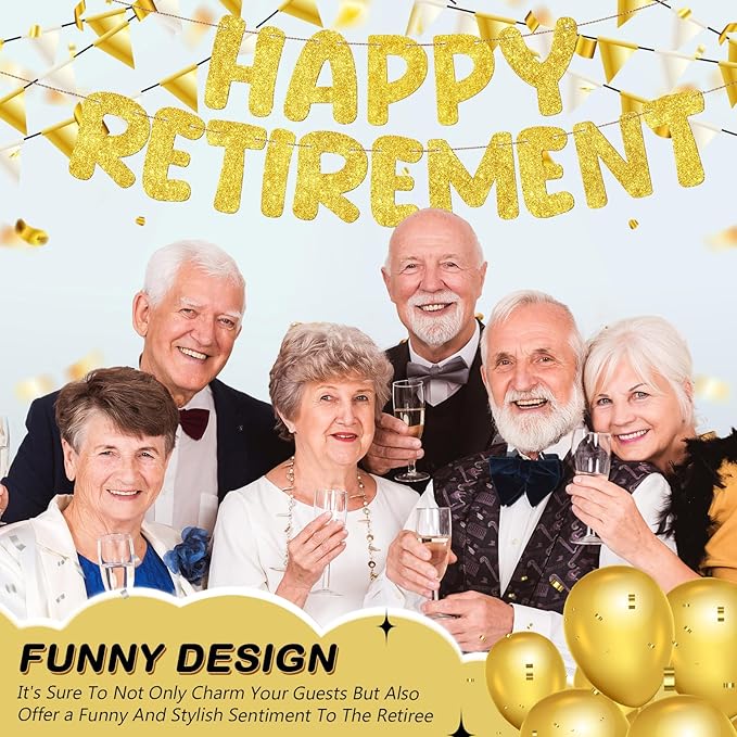 Fulmoon Pre Strung Happy Retirement Banner Glitter Retirement Sign Funny Official Retired Decor Party Decorations Supplies for Men Women Gifts (Gold)