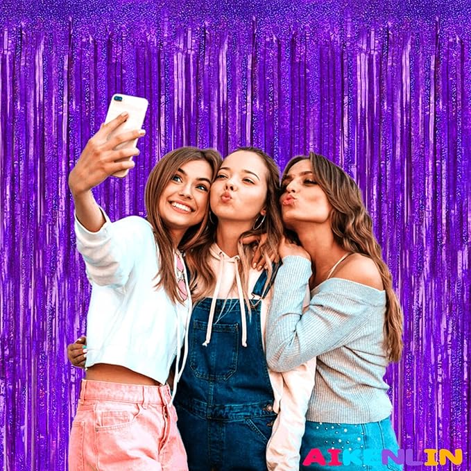 4 Pack 3.2Ft x 8.2Ft Purple Foil Fringe Curtain Backdrop, Metallic Tinsel Foil Fringe Streamers Curtains Background for Photo Booth, Birthday, Wedding, Disco, Bachelorette, Christmas Party Decoration