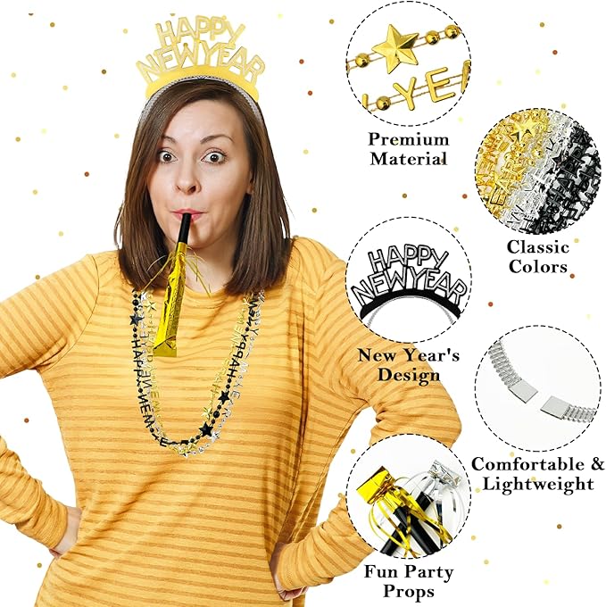 2026 New Years Eve Party Supplies 48 PCS, Happy New Year Decorations Kit - Party Favor Includes Headband, Blowers, Noise Makers & Necklace, NYE Photo Booth Props Accessories Gifts Wearables