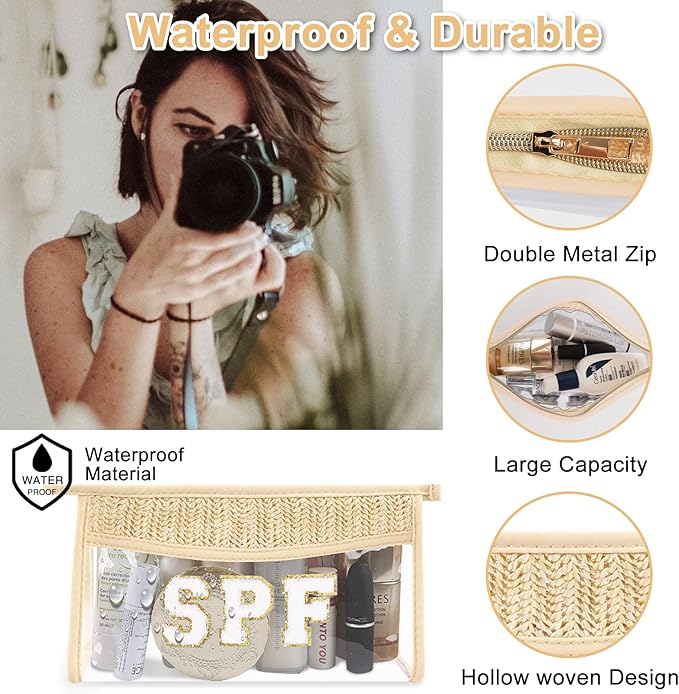 Iqimott 2Pcs Boho Patch SPF Bag Clear Makeup Letter Bag, Waterproof Zipper Make up Bags Toiletry Pouch for Women Girls, Clear Letter Patch Cosmetic Bags Transparent Organizer Pouch for Travel(SPF)