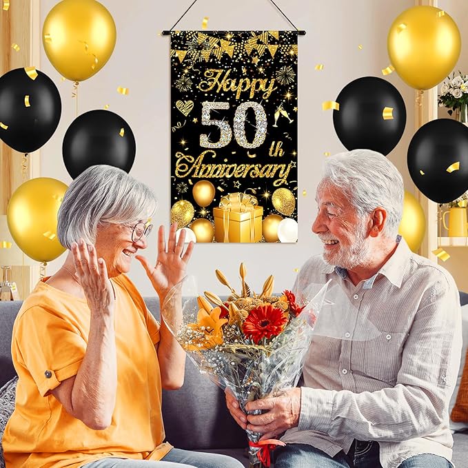 50th Anniversary Decorations Small Banner Black Gold Happy 50th Anniversary Door Hanging Banner Porch Front Door Decor for Women Men 50 Years Silver Wedding Anniversaries Party Cruise Sign Supplies