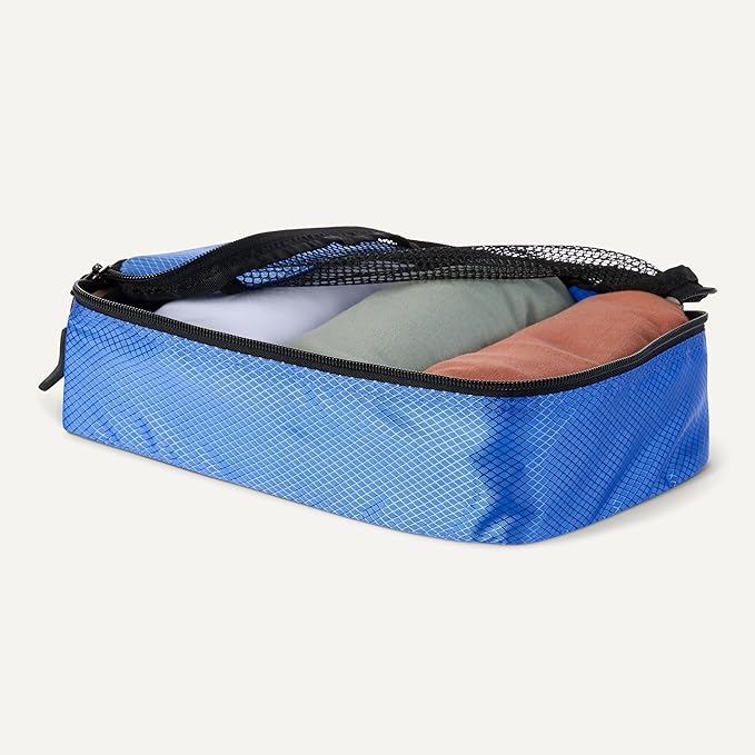 Amazon Essentials 4-Piece Packing Cubes Travel Accessories Set, Space-Saving Luggage Organizers with Double Zipper, Mesh Top, Small/Medium/Large/Slim, Blue (Previously Amazon Basics)