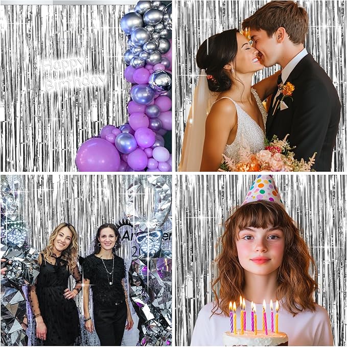 4 Packs Silver Foil Fringe Curtain, Silver Metallic Tinsel Backdrop for Birthday, Wedding, Baby Shower, Engagement, Bachelorette Party, Christmas Holiday Celebration Party Decorations Supplies