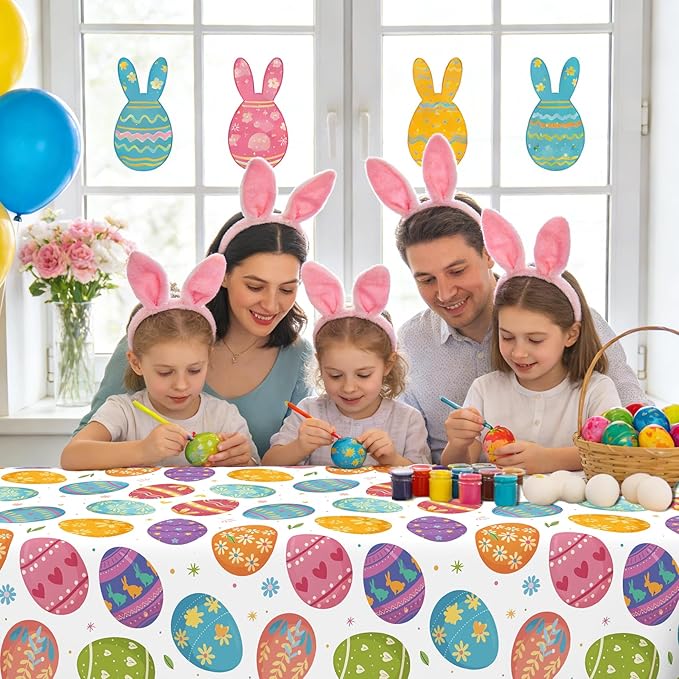 Easter Tablecloth, 8 Pack Colorful Easter Eggs Table Cloth, 54x108 Inch Plastic Disposable Rectangle Spring Table Cover for Easters Tables Decorations Outdoor Picnic Home Kitchen Dinner Party Supplies