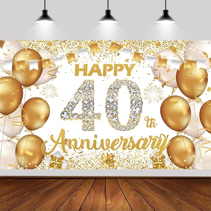 6x3.6ft Happy 40th Anniversary Backdrop,White and Gold Happy Wedding Anniversary Party Banner Decorations Supplies Photo Booth Props
