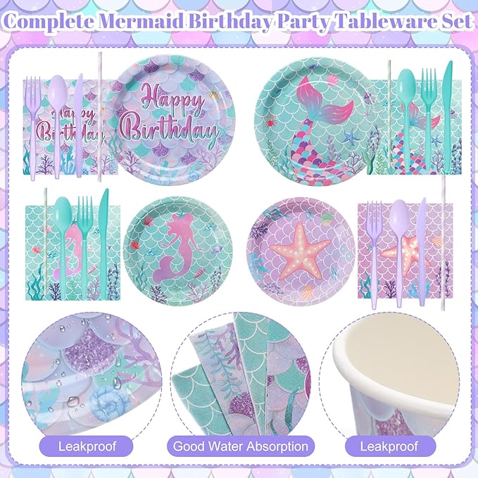 450 Pcs Mermaid Birthday Party Tableware Set Decorations Mermaids Paper Plates Napkins Cups Cutlery Straws for Girls Ocean Under the Sea Themed Birthday Party Supplies, Serves 50