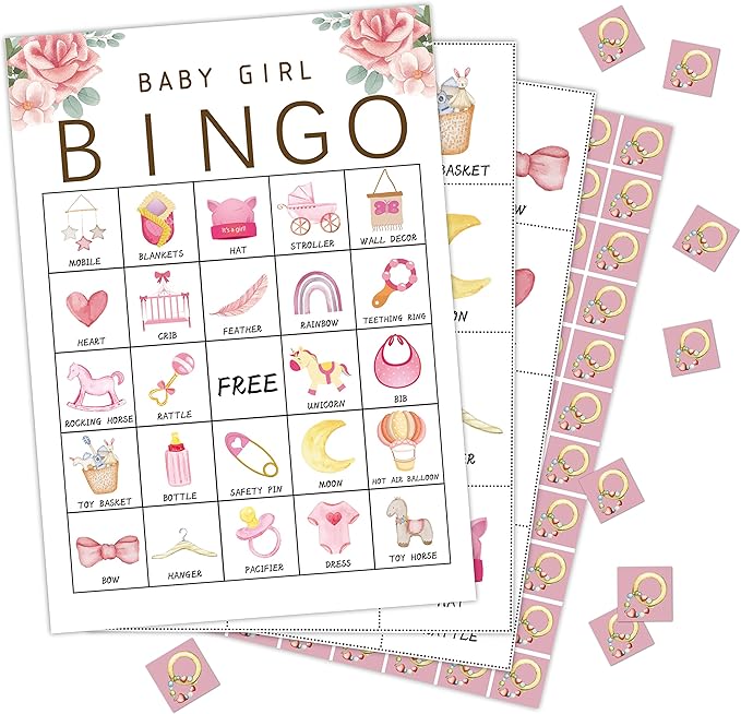 Zodvery Pink Floral Bingo Game for Party, Gender Reveal Party Games Favors Supplies, Group Bingo Cards - 24 Players/ 01