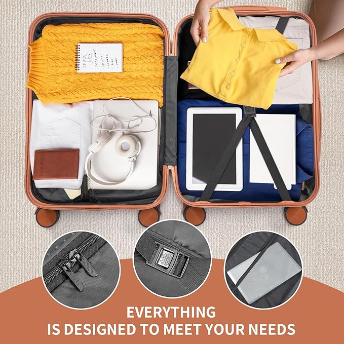 Karl home 24in Checked Luggage with TSA Lock, ABS Hardshell Check-in Suitcase with Spinner Wheels, Durable Medium Suitcase Rolling Luggage for Business Travel, White & Brown