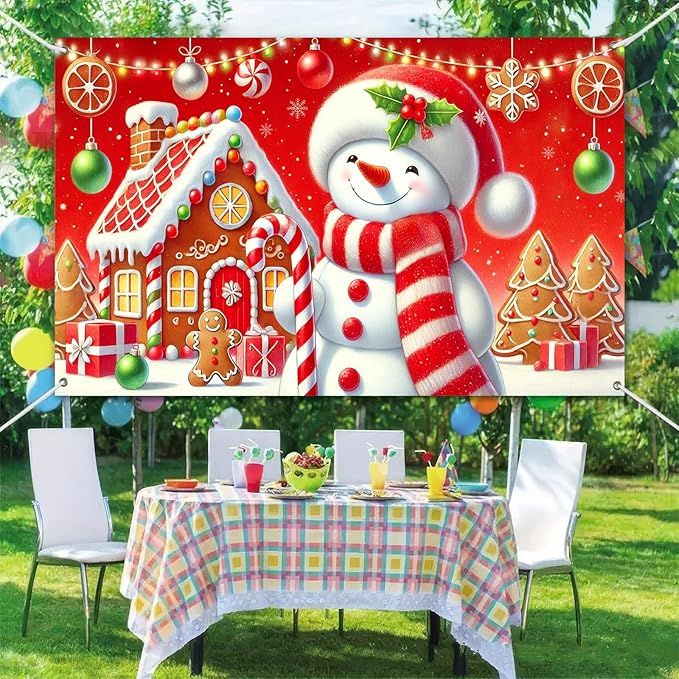 Christmas Snowman Gingerbread House Banner 70.9 x 43.3 Inch Red Holiday Backdrop with Candy Canes and Presents for Kids Xmas Party Decoration Indoor Outdoor