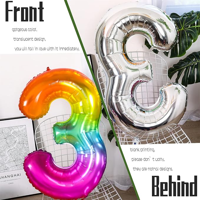 Number Balloon | Number 3 Balloon for 3rd Rainbow Birthday Decorations | Giant Multicolor Mylar 3 Balloon Number - 40 Inch | Big Foil Colorful 3 Birthday Balloon for Anniversary Party Supplies Favors
