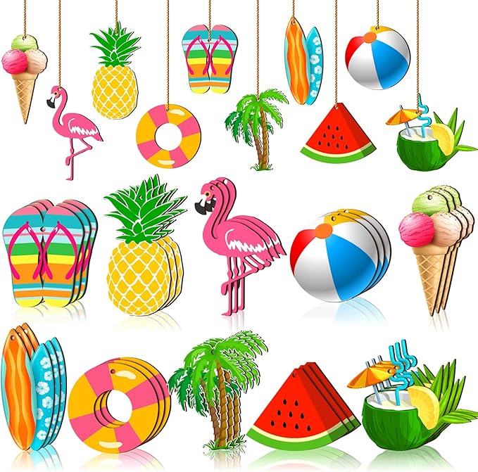 Chunful 30 Pieces Summer Tree Ornaments Christmas in July Wood Hanging Decoration Beach Wooden Slices Winter Tree Ornaments with String for Luau Hawaiian Party Supplies (Cute Style)