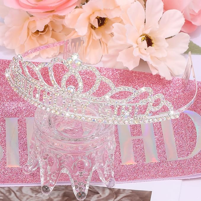 Chanaco Birthday Sash and Crown for Women, Birthday Tiara for Girls, Rhinestone Hair Accessories Party Decorations