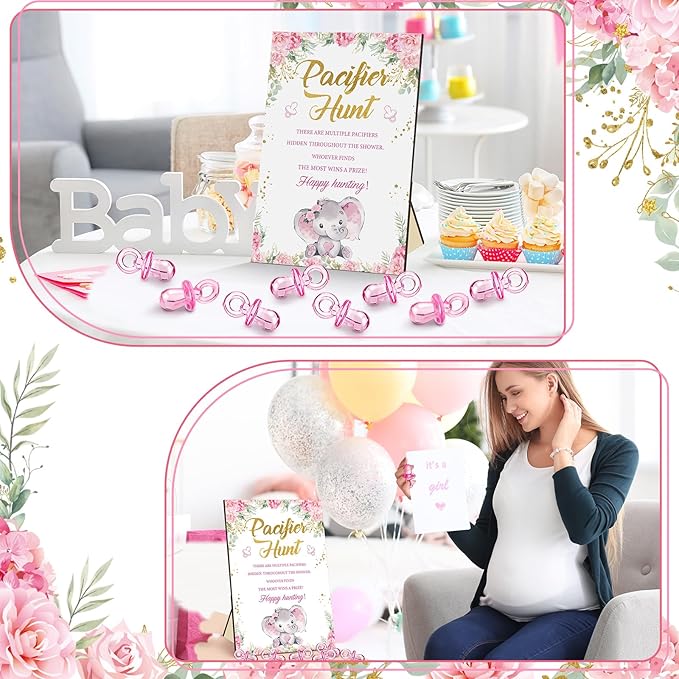 Thyle 51 Pcs Pink Elephant Pacifier Hunt Baby Shower Games Include Hunt Sign 50 Acrylic Pacifiers It's a Girl Pink Elephant Theme Baby Shower Game Decoration Gift Sets for Gender Reveal Party Decor