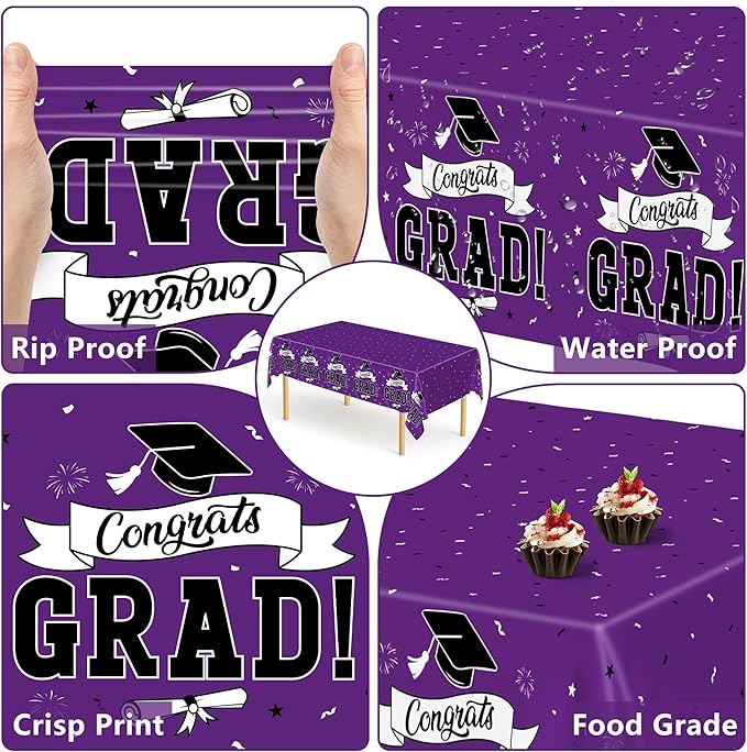 QZYL 2 Pcs Graduation Tablecloth, 108" X 54" Plastic Graduation Decorations 2026, Rectangle Purple Table Cloths for Grad Decor Party Supplies, Disposable Tablecover for Class of 2026 Congrats Grad