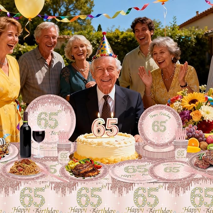 121Pcs 65th Birthday Party Supplies Plates Napkins Cups Forks Tablecloth Rose Gold Happy 65th Birthday Themed Disposable Tableware Decorations Serves 24 Guests for Women Ladies 65 Years Old Birthday