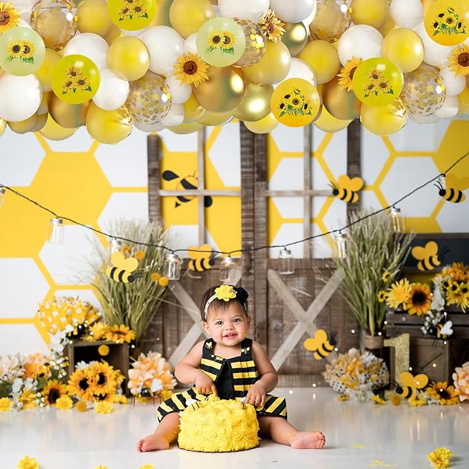 Sunflower Yellow Gold Balloons - 12 Inch Sunflower Bee Theme with Metallic Gold Confetti Balloon for Kids Birthday Baby Shower Party Decorations