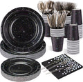 Hushee 175 Pcs Black Holographic Print Party Supplies Guests Disposable Dinnerware Set Include Paper Plates, Napkins, Cups, Plastic Cutlery for Wedding Birthday Disco Bachelorette
