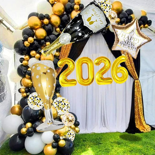 106 Pcs Gold Happy New Year Balloons, Huge Black Gold Champagne Bottle Goblet Aluminum Foil Balloons for New Years Eve Party Decorations Supplies Nye Decorations 2026