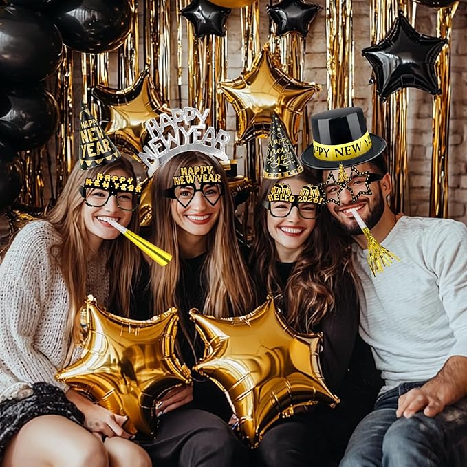 2026 New Years Eve Party Supplies, 36 Pcs Happy New Year Party Supplies Kit Serve 12, Including 6 Top Hats 3 Cone Hats 3 Tiara 12 Glasses 12 Noise Makers Black Gold Silver NYE Decoration Party Favors