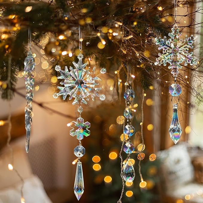 GuassLee 36pcs Crystal Christmas Tree Ornaments - Iridescent Acrylic Snowflake Icicle Drop Crystal Hanging Ornaments for Christmas Tree Winter Wonderland Frozen Themed Birthday Party Decor
