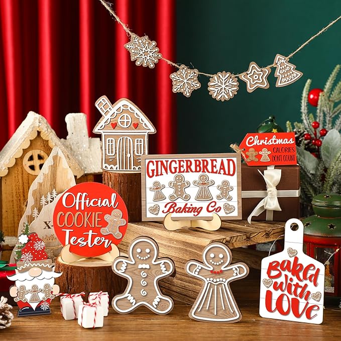 15 Pcs Christmas Tiered Tray Decor Christmas Gingerbread Wooden Signs Farmhouse Xmas Tiered Tray Decorations Set Gingerbread Wood Table Decor for Xmas Winter Holiday Kitchen Home