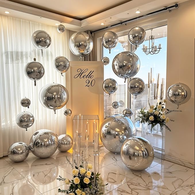 14 Pcs Silver Round Foil Balloons 22/15/10 4D Ball Balloons Metallic Silver Balloon Ornament Mylar Balloon Chrome for Graduation Birthday Wedding Anniversary New Year Disco Party Decorations