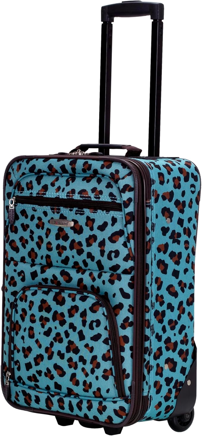 Rockland Fashion Softside Upright Luggage Set,Expandable,Telescopic Handle,Wheel, Blue Leopard, 2-Piece (14/19)