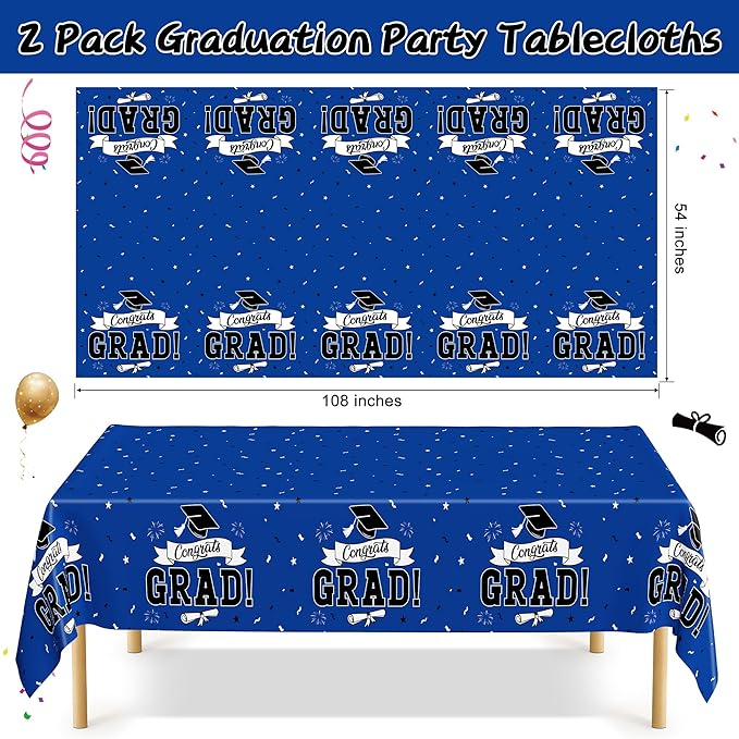 QZYL 2 PCS Graduation Decorations 2026, 108" X 54" Blue Graduation Tablecloth, Disposable Plastic Class of 2026 Tablecover, Rectangle Congrats Grad Table Cloths for Grad Decor Party Supplies