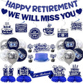 Retirement Party Decorations Men Women, Blue Silver Happy Retirement Decorations, Pre-Strung Happy Retlrement & We Will Miss You Banner, Balloons, Hanging Swirl, Cake Topper Retired Sash Honeycomb Set