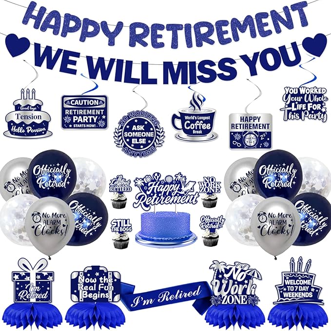 Retirement Party Decorations Men Women, Blue Silver Happy Retirement Decorations, Pre-Strung Happy Retlrement & We Will Miss You Banner, Balloons, Hanging Swirl, Cake Topper Retired Sash Honeycomb Set
