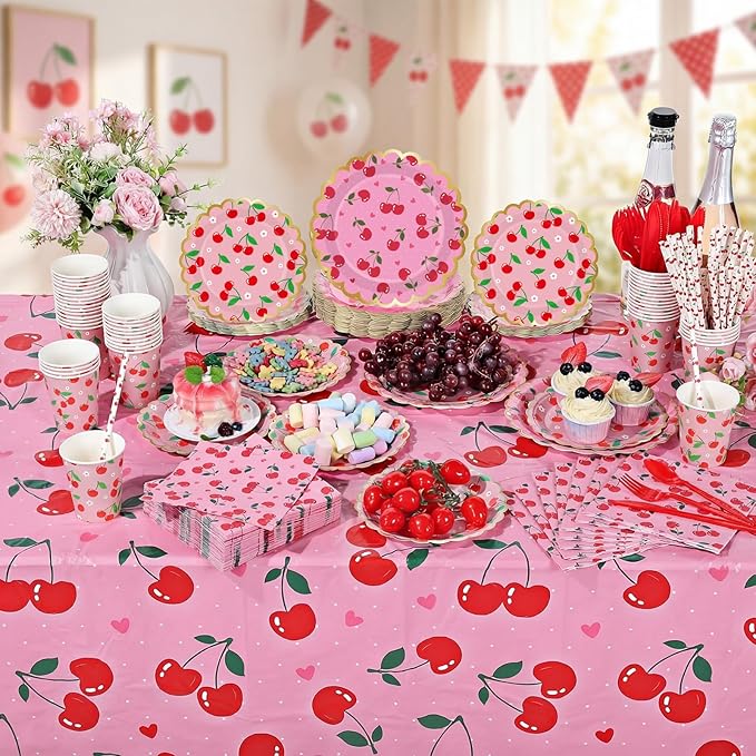 Ceenna 452 Pcs Cherry Birthday Party Supplies for 50 Guest, Summer Fruit Paper Plates Napkins Cups Tablecloth Cutlery Straw Disposable Tableware for Picnic Birthday Baby Bridal Shower Party Decoration