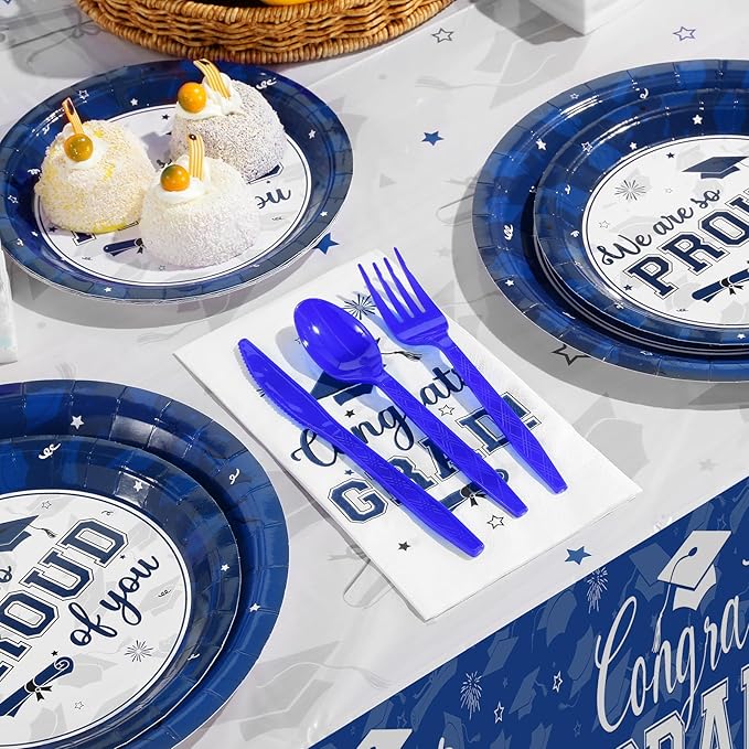 Graduation Party Supplies Congrats Grad Plates and Napkins Set Disposable Tableware Paper Plates Napkins Cups Knives Spoons Forks Straws for Class of 2026 Graduation Party Decorations Serve 25 (Blue)