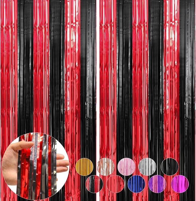 2 Pack Red and Black Foil Fringe Curtains Streamers Party Decorations 3.3 x 8.2 ft, Tinsel Curtain Fringe Backdrop for Parties, Door Fringe Birthday Streamers, Photo Booth Backdrops, Party Decor