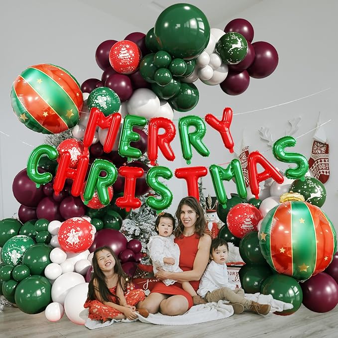 Merry Christmas Balloons Garland Arch Kit 115pcs Red Dark Green Balloons Deer Christmas Tree Print Balloons Ball Letters Foil Balloon for Merry Christmas Xmas New Year Friendsmas Birthday Party Decor