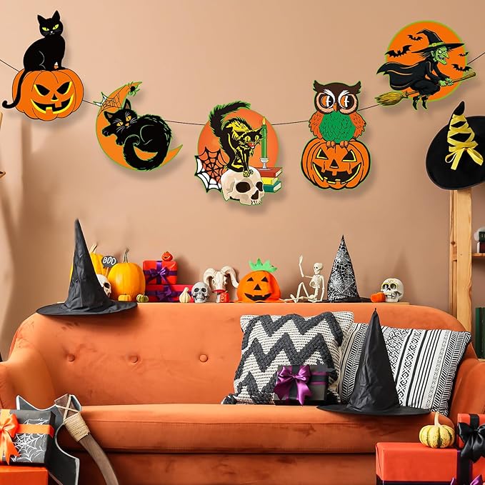 Large Vintage Halloween Decorations Cardboard Cutout Set of 12, Retro Spooky Ghost Cutouts Wall Decor Indoor Outdoor, Vintage Orange Green Black Paper Cut Outs Party Decoration (Large, Halloween)