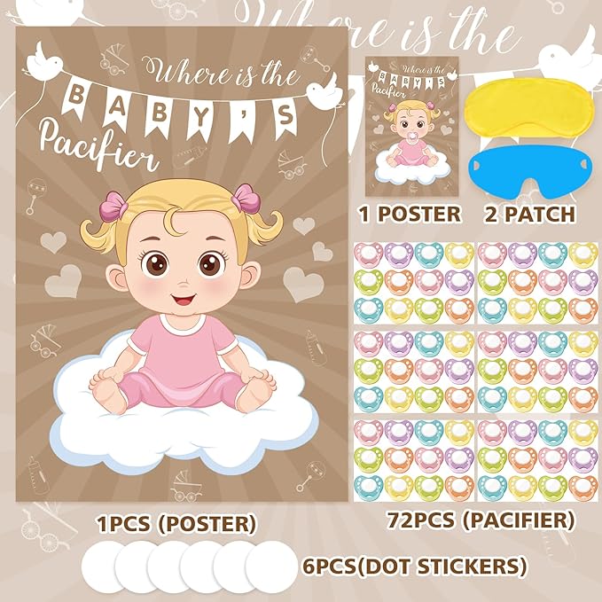 Hxezoc Baby Shower Game Pin The Pacifier On The Baby Game with 72 Pcs Pacifier Stickers, Large Baby Party Games Poster for Girls Kids Baby Shower Party Birthday Party Supplies