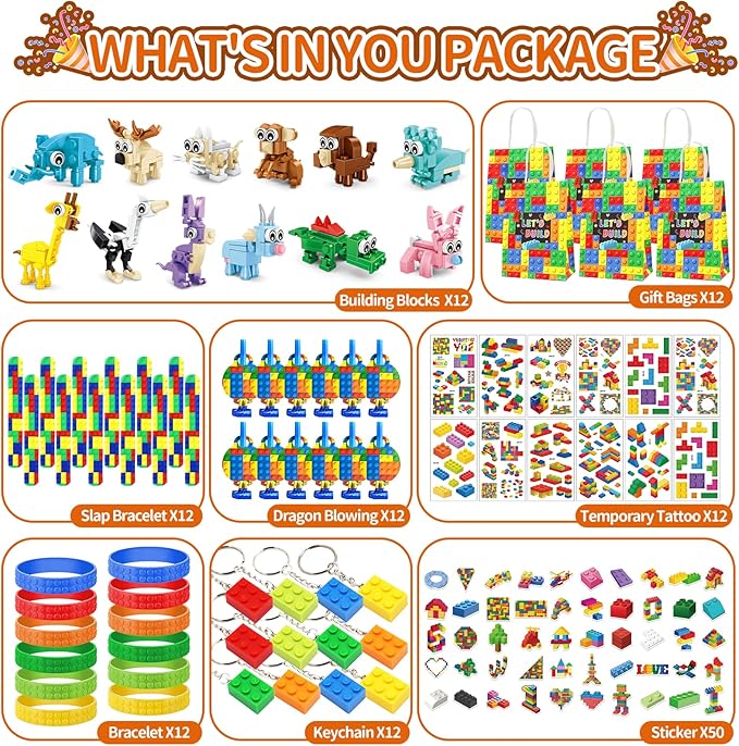 Party Favors for Kids Ages 6-12, 134 Pcs Building Blocks Toys for Boys Girls Kids with Temporary Tattoo Gift Bag, Goodie Bags & Stocking Stuffers Kid Classroom Prizes, Birthday Gifts Party Decorations
