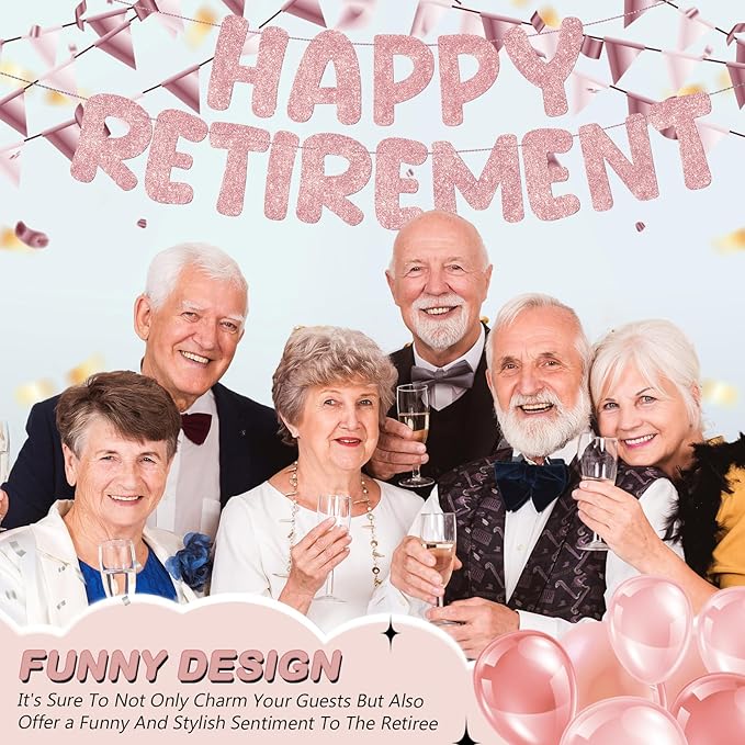 Fulmoon Pre Strung Happy Retirement Banner Glitter Retirement Sign Funny Official Retired Decor Party Decorations Supplies for Men Women Gifts (Rose Gold)